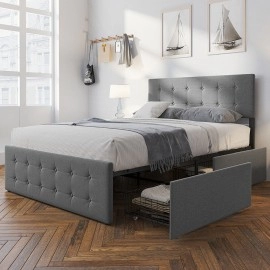 IDEALHOUSE Queen Platform Bed Frame with Headboard and 4 Drawers Storage, Button Upholstered Mattress Foundation with Wood Slat Support, No Box Spring Needed